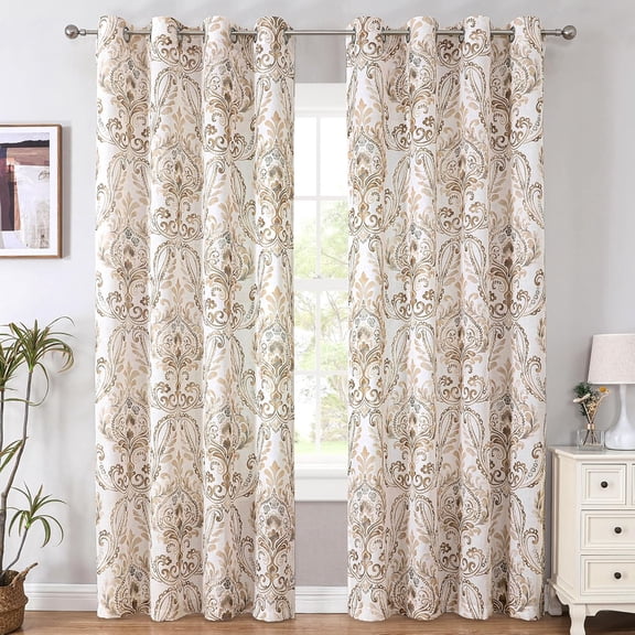 Farmhouse Floral Curtains for Living Room 84 Inch Length 2 Panels Set Summer Privacy Light Filtering Sheer Curtains Linen Style Drapes, Damask Printed Curtain, Taupe