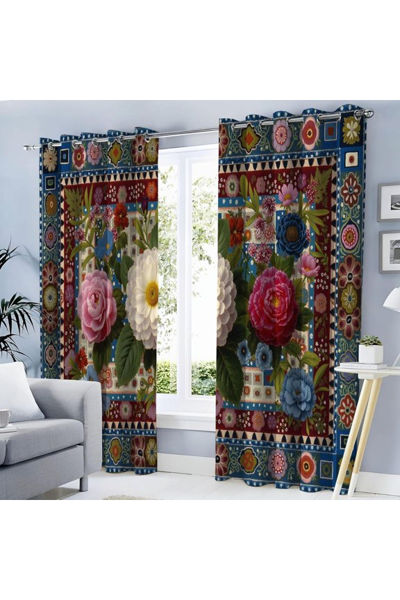 Farmhouse Floral Curtains For Living Room Vintage Geometric Patchwork Pattern Blackout Thermal Insulated Window Treatment Burgundy Red Bedroom Decor-38"W x 45"L (Pack of 2)