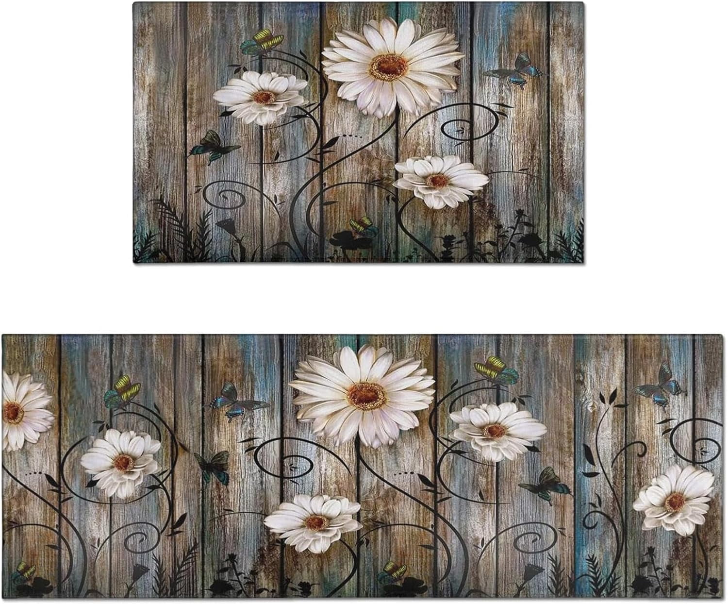 Rustic Farm Rug Farmhouse Floral Daisy Butterfly Kitchen Rugs Set of 2,Farm Vintage ...
