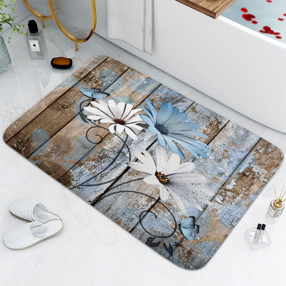 Farmhouse Floral Flower Bath Mat, Blue Daisy Rustic Wooden Plank Country Barn Wood Non-Slip Flannel Soft Doormat Floor Entryways Outdoor Indoor Front Door Mat, 19X31