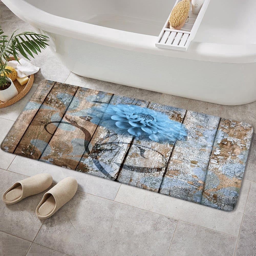 Farmhouse Floral Flower Bath Mat, Dahlia Rustic Wooden Plank Country Barn Wood Blue Flower Non-Slip Flannel Soft Doormat Floor Entryways Outdoor Indoor Front Door Mat, (16X48)