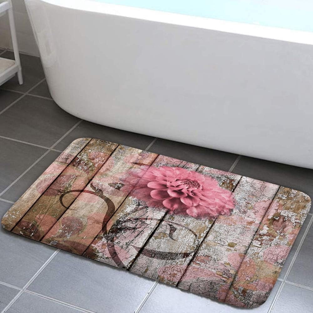 Farmhouse Floral Flower Bath Mat, Dahlia Rustic Wooden Plank Country Barn Wood Pink Flower Non-Slip Flannel Soft Doormat Floor Entryways Outdoor Indoor Front Door Mat, (16X24)