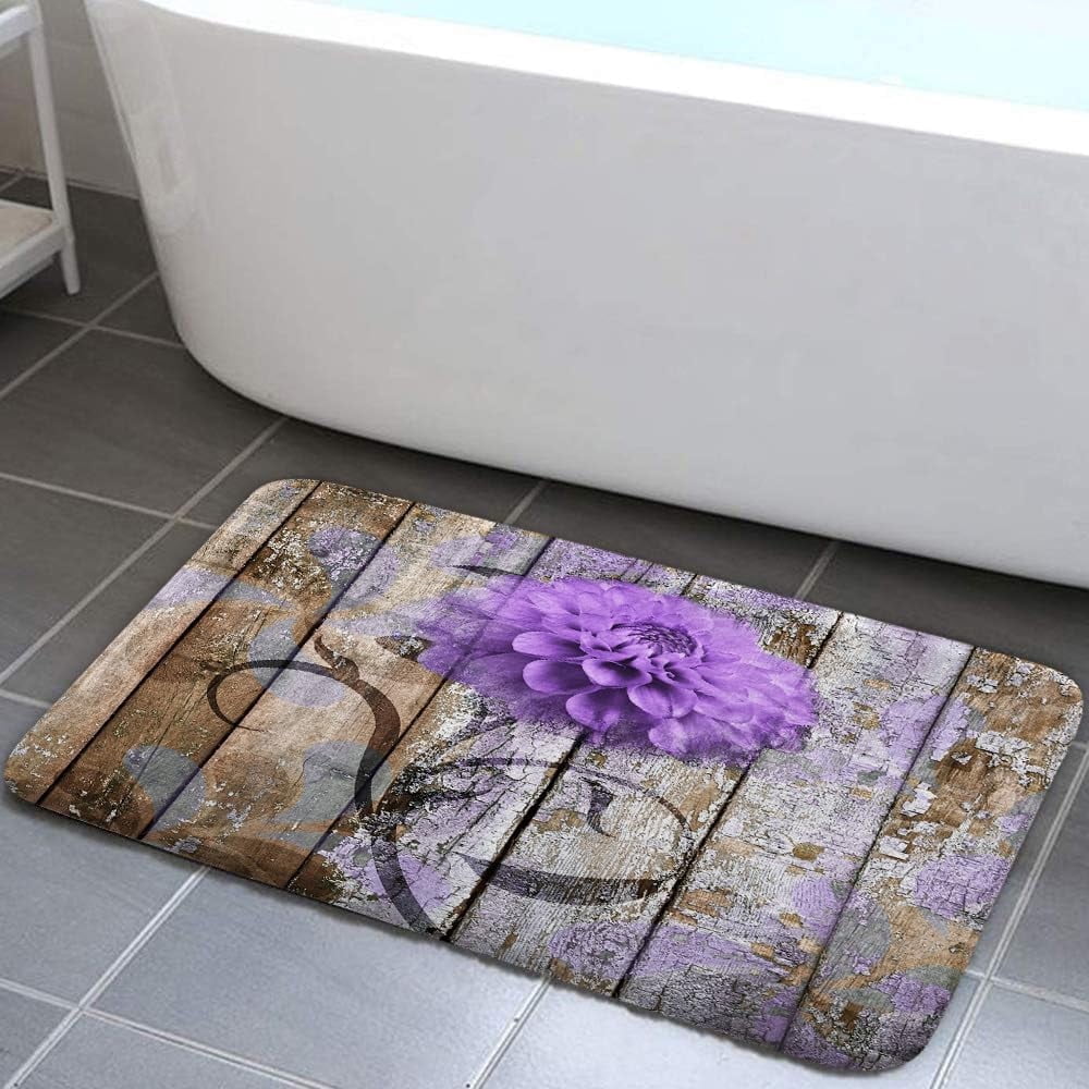 Farmhouse Floral Flower Bath Mat, Dahlia Rustic Wooden Plank Country Barn Wood Purple Flower Non-Slip Flannel Soft Doormat Floor Entryways Outdoor Indoor Front Door Mat, (16X24)