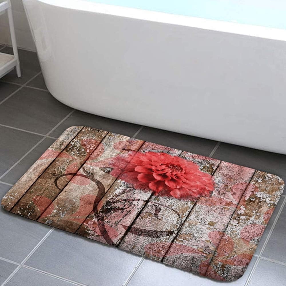 Farmhouse Floral Flower Bath Mat, Dahlia Rustic Wooden Plank Country Barn Wood Red Flower Non-Slip Flannel Soft Doormat Floor Entryways Outdoor Indoor Front Door Mat, (16X24)
