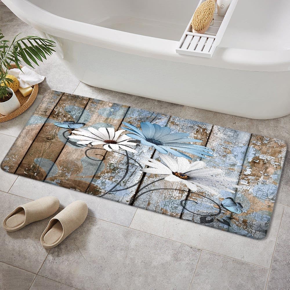 Farmhouse Floral Flower Bath Mat, Daisy Rustic Wooden Plank Country Barn Wood Blue Flower Non-Slip Flannel Soft Doormat Floor Entryways Outdoor Indoor Front Door Mat, (16X48)
