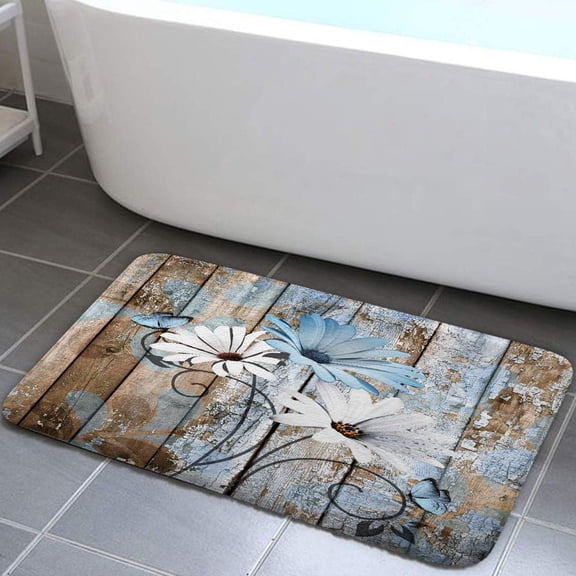 Farmhouse Floral Flower Bath Mat, Daisy Rustic Wooden Plank Country Barn Wood Blue Flower Non-Slip Flannel Soft Doormat Floor Entryways Outdoor Indoor Front Door Mat, (17X29)