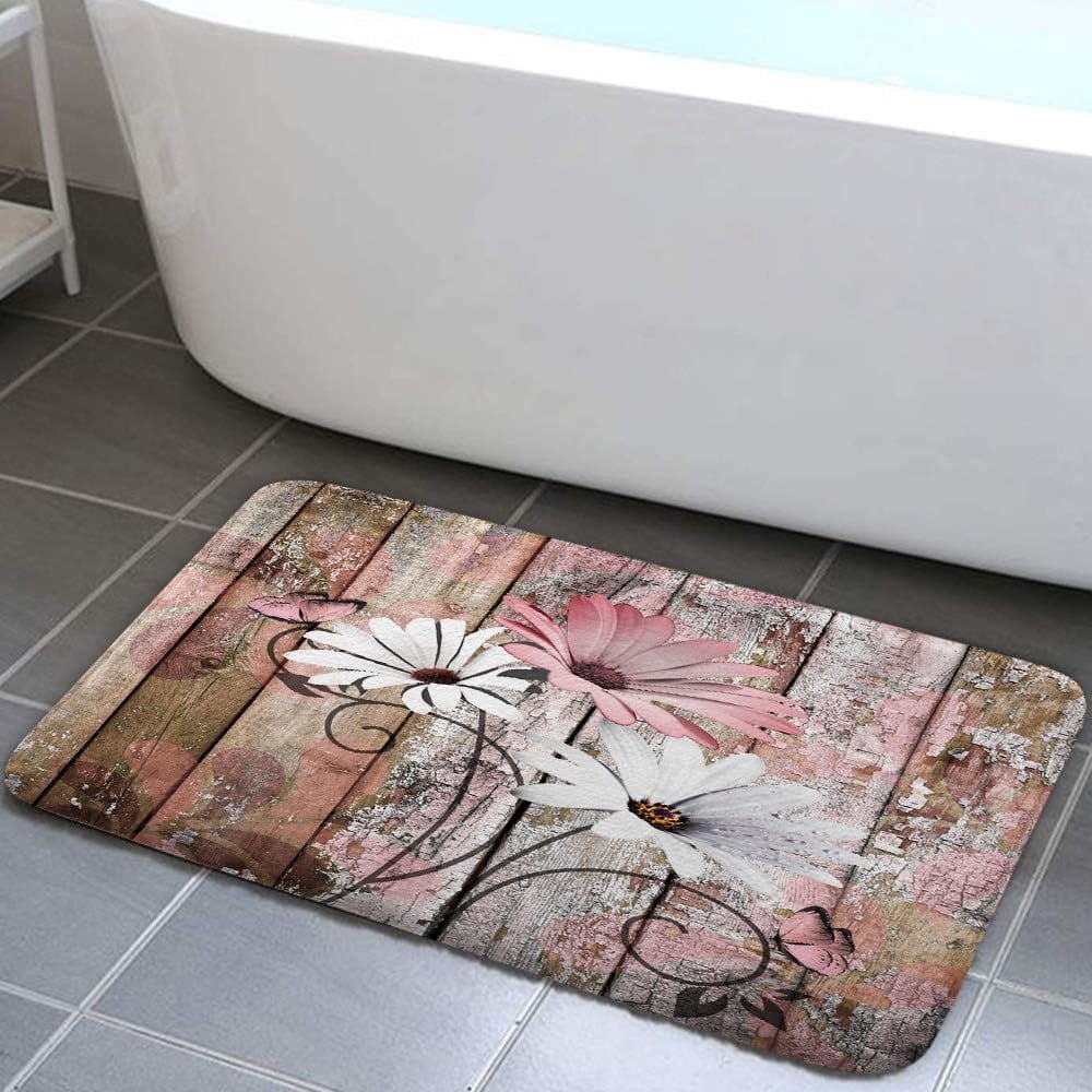 Farmhouse Floral Flower Bath Mat, Daisy Rustic Wooden Plank Country Barn Wood Pink Flower Non-Slip Flannel Soft Doormat Floor Entryways Outdoor Indoor Front Door Mat, (17X29)