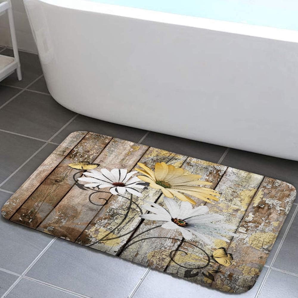 Farmhouse Floral Flower Bath Mat, Daisy Rustic Wooden Plank Country Barn Wood Yellow Flower Non-Slip Flannel Soft Doormat Floor Entryways Outdoor Indoor Front Door Mat, (17X29)