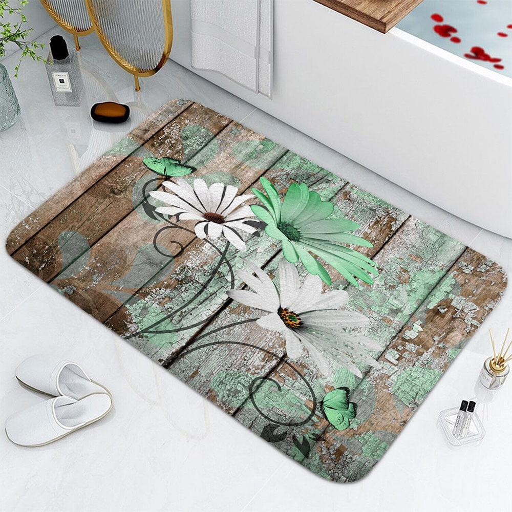 Farmhouse Floral Flower Bath Mat, Green Daisy Rustic Wooden Plank Country Barn Wood Non-Slip Flannel Soft Doormat Floor Entryways Outdoor Indoor Front Door Mat, 16X24