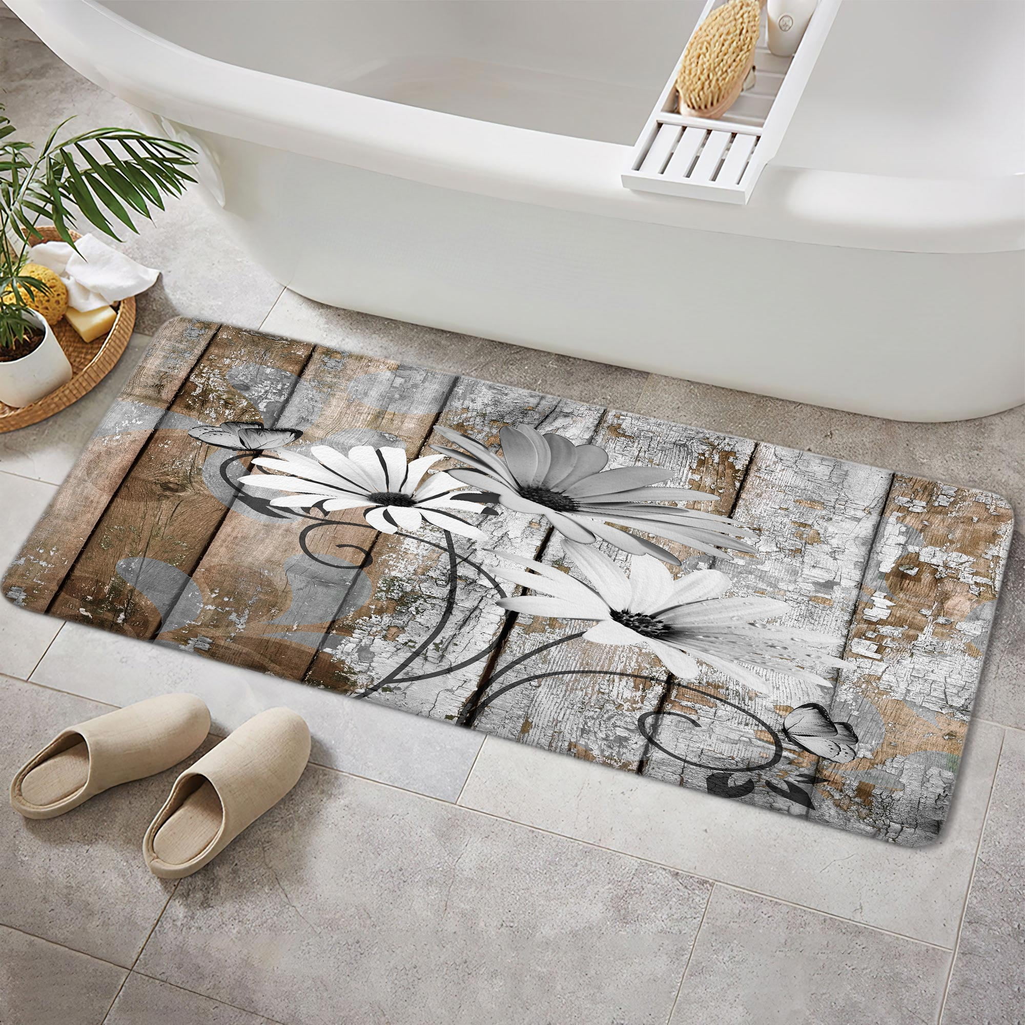 Farmhouse Floral Flower Bath Mat, Grey Daisy Rustic Wooden Plank Country Barn Wood Non-Slip Flannel Soft Doormat Floor Entryways Outdoor Indoor Front Door Mat, 17X48