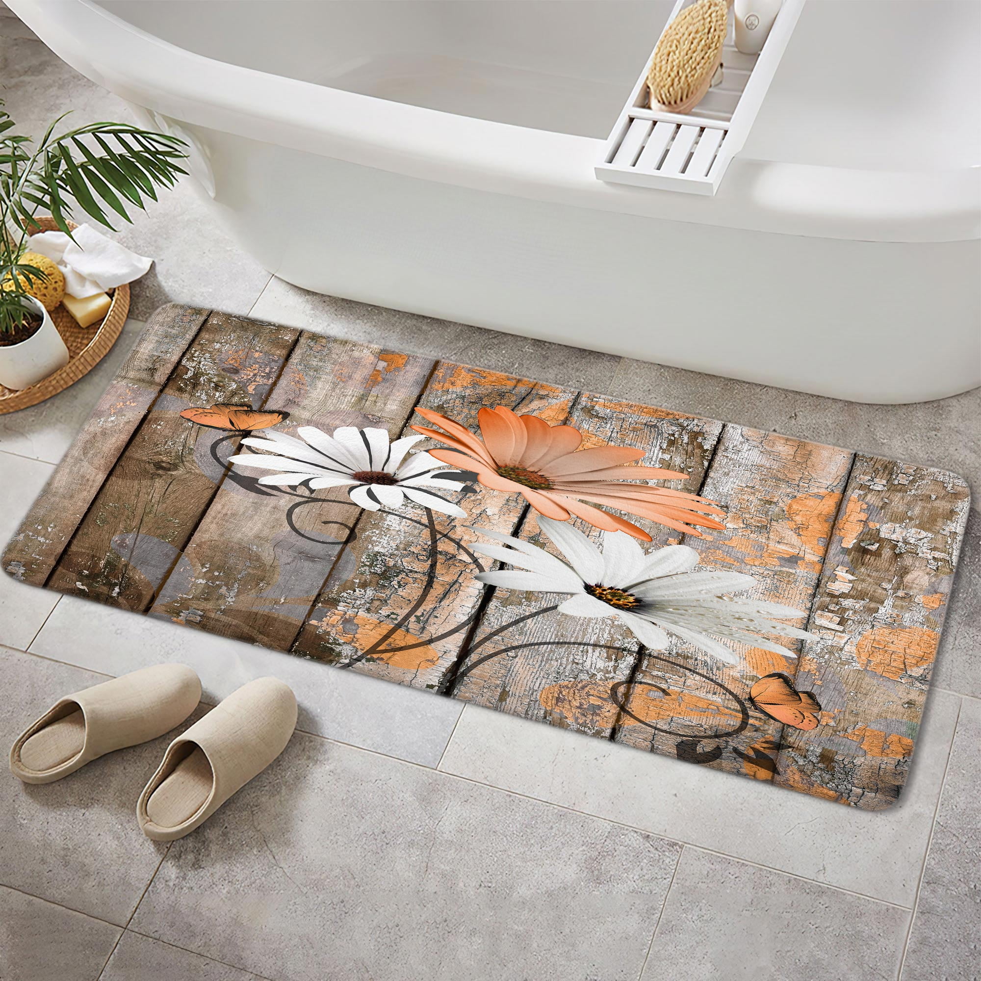 Farmhouse Floral Flower Bath Mat, Orange Daisy Rustic Wooden Plank Country Barn Wood Non-Slip Flannel Soft Doormat Floor Entryways Outdoor Indoor Front Door Mat, 17X48