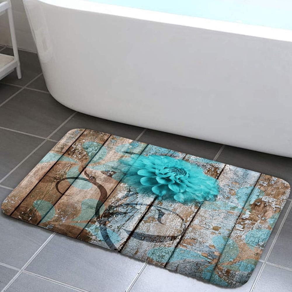 Farmhouse Floral Flower Bath Mat, Teal Dahlia Rustic Wooden Plank Country Barn Wood Turquoise Blue Non-Slip Flannel Soft Doormat Floor Entryways Outdoor Indoor Front Door Mat, (16X24)