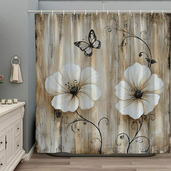 Farmhouse Floral Flower Butterfly Shower Curtain Rustic Wooden Plank Country Barn Brown Grey Abstract Art Fashion Bathroom Decor Fabric Bathtub Accessories With Hooks 60"W x 72"L