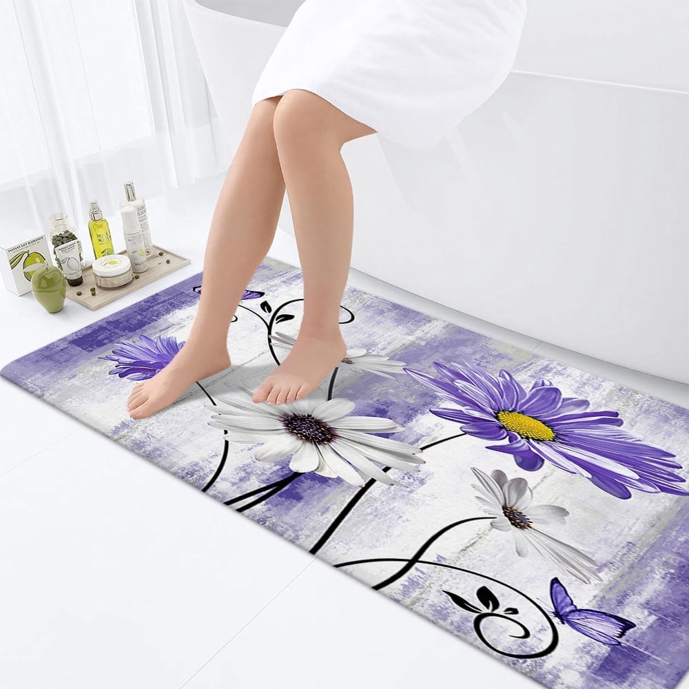 Farmhouse Floral Flowers Bathroom Rugs, Farm Rustic Farmhouse and Butterfly on Country Wooden Bathroom Rugs Set, Purple Daisy Floral Bathroom Rug Mat 17X48inch, Extra Soft and Absorbent Bath Rugs