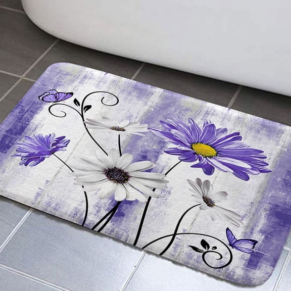 Farmhouse Floral Flowers Bathroom Rugs, Farm Rustic Farmhouse and Butterfly on Country Wooden Bathroom Rugs Set, Purple Daisy Floral Bathroom Rug Mat 17x29inch, Extra Soft and Absorbent Bath Rugs
