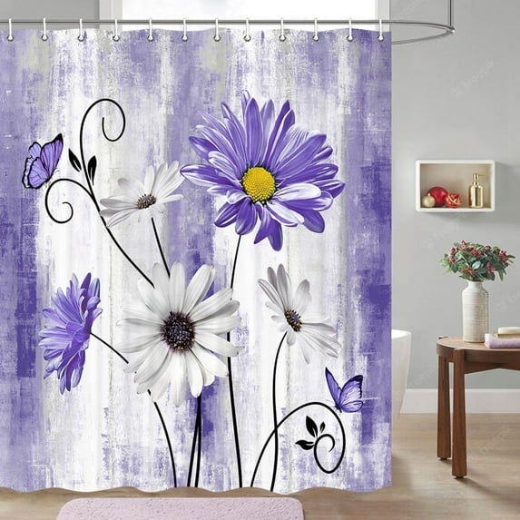 Farmhouse Floral Flowers Shower Curtain, Farm Rustic Farmhouse and Butterfly on Country Wooden Shower Curtain, Purple Daisy Floral Shower Curtain with Hooks, 70X70 Inches