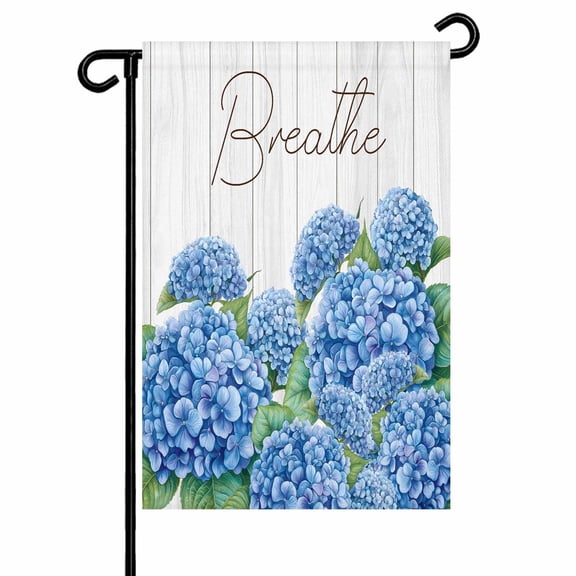 Farmhouse Floral Garden Flags for Outside Inspirational Quote Breathe Hydrangeas Double Sided Yard Flags Outdoor House Decoration, Small 12X18 Inch, Blue