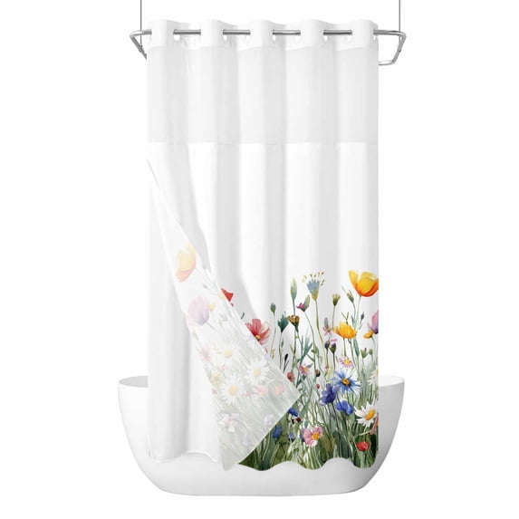 Farmhouse Floral No Hooks Shower Curtain with Snap-in Liner Spring Colorful Wildflower Green Botanical Shower Curtains for Bathroom, Waterproof, Easy Install, Washable 36"x72"