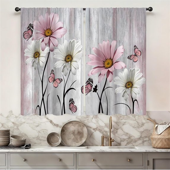 Farmhouse Floral Kitchen Curtains 27.5W X 39L Inch 2 Panel Rod Pocket Rustic Pink Flower Vintage Daisy Country Retro Wooden Small Short Cafe Tier Drapes Treatment Board Bathroom Home Decor