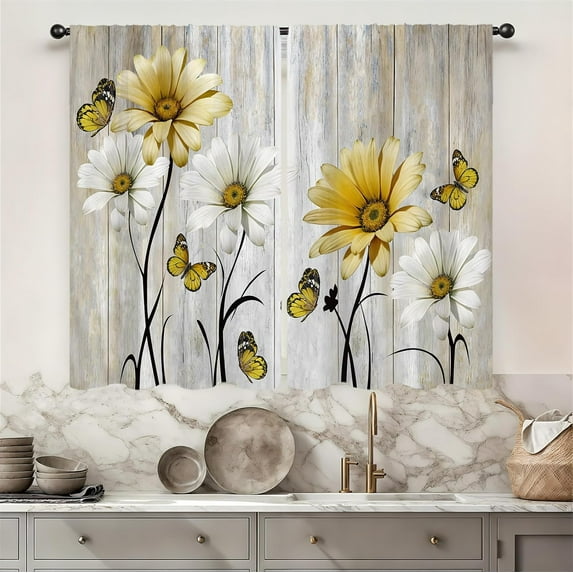 Farmhouse Floral Kitchen Curtains 27.5W X 39L Inch 2 Panel Rod Pocket Rustic Vintage Yellow Flower Daisy Country Retro Wooden Small Short Cafe Tier Drapes Treatment Board Bathroom Home Decor