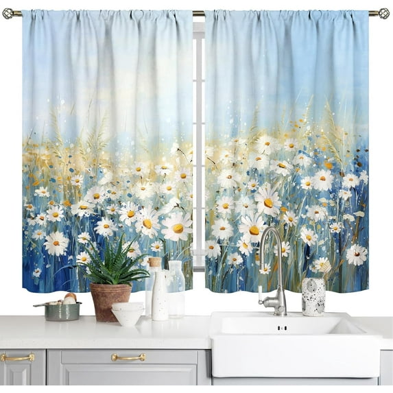 Farmhouse Floral Kitchen Curtains Blue Rustic Daisy Flower Small Short Cafe Window Curtains Vintage Country Bathroom Kitchen Window Drapes Treatment Tier Curtains 26"x36"