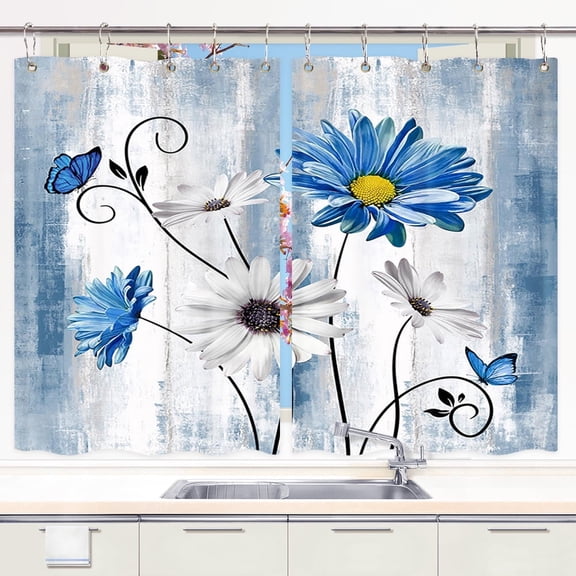 Farmhouse Floral Kitchen Curtains Daisy Rustic Vintage Flower Blue Floral Small Short Cafe Window Curtains Wooden Rustic Farmhouse Kitchen Curtains Bathroom Window Treatment Drapes (42X45 Inch)