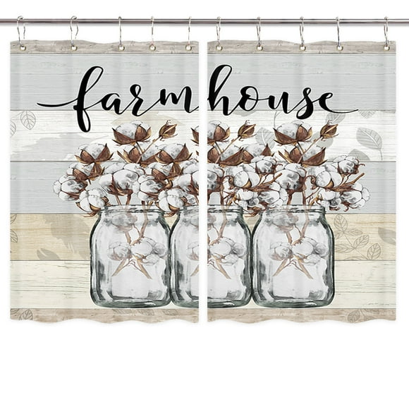 Farmhouse Floral Kitchen Curtains set,Flower in Gray Jar Rustic Country Plank Fabric Kitchen Window Curtains Over Sink,Rustic Flower Curtains for Kitchen Windows,55X39in