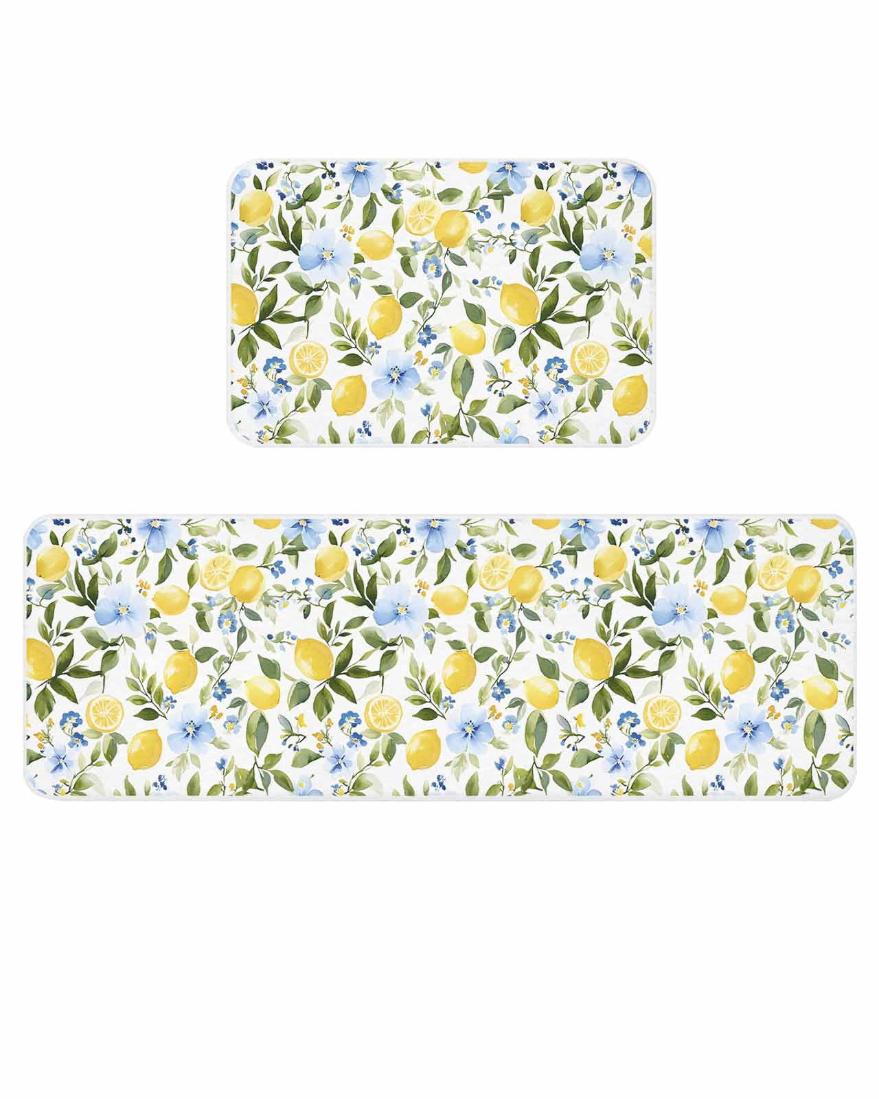 Farmhouse Floral Kitchen Mats for Floor 2 Piece, Lemon Eucalyptus Leaf Watercolor Plant Absorbent Non-Slip Kitchen Rugs Comfort Standing Mat for Laundry, Hallways 15.7"x23.6"+15.7"x47.2"