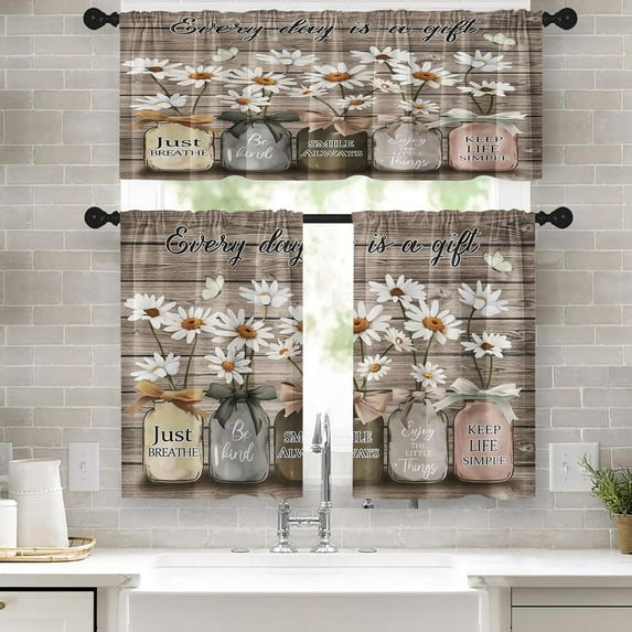 Farmhouse Floral Kitchen Window Curtains Valance and Tier Set 36 Inch, Daisy Rustic Vintage Flower Inspirational 3 Piece Rod Pocket Short Tier Curtain, Country Drapes for Kitchen Decor