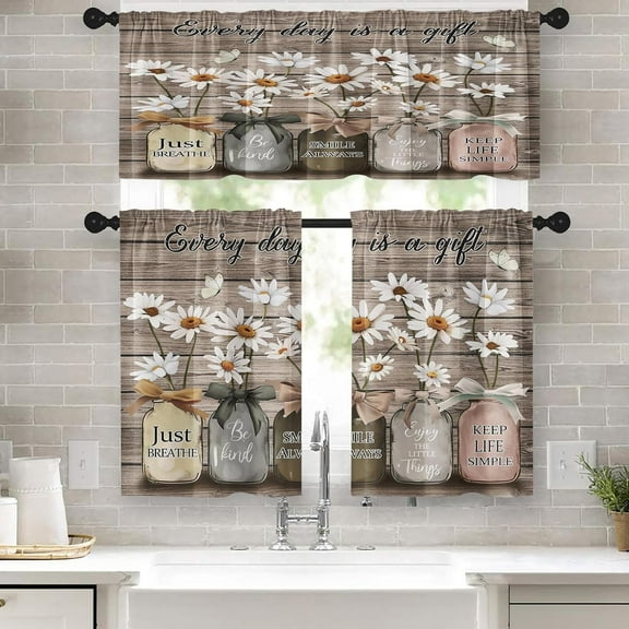 Farmhouse Floral Kitchen Window Curtains Valance and Tier Set 36 Inch, Daisy Rustic Vintage Flower Inspirational 3 Piece Window Treatment Tiers Kitchen Decor Country Wooden Drapes