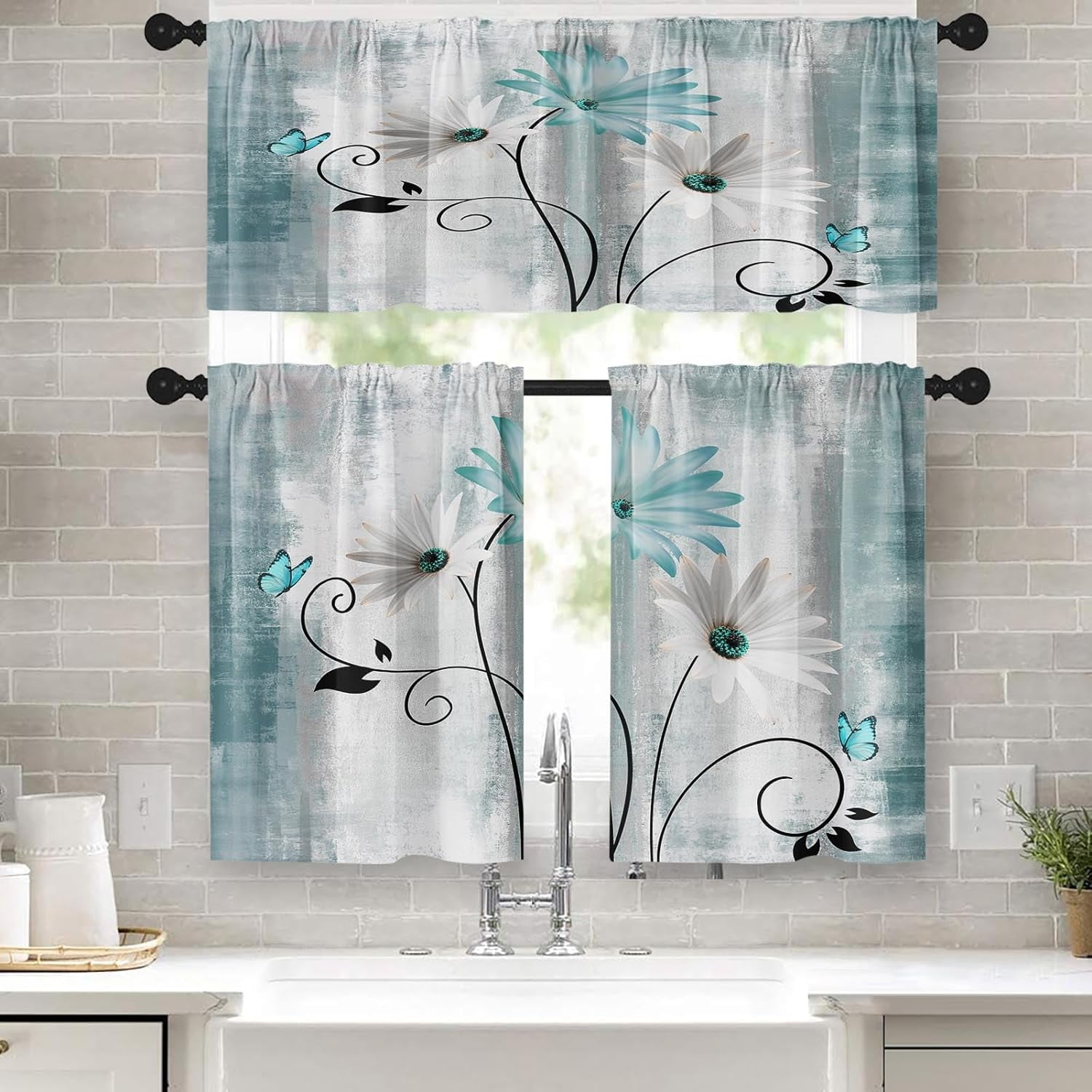 Tayney Teal Black Kitchen Window Curtains Set - 3 Piece Valance & Tier, 36 Inch, Abstract Geometric - View #6