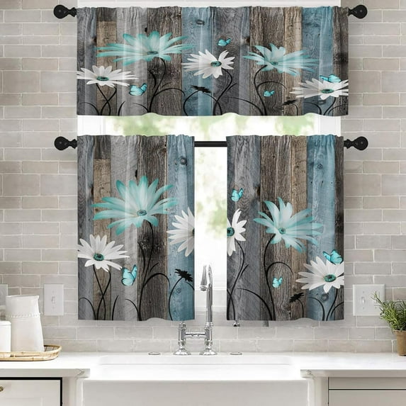 Farmhouse Floral Kitchen Window Curtains Valance and Tier Set 36 Inch, Teal and White Vintage Daisies 3 Piece Window Treatment Tiers Country Wooden Wood Plank Rod Pocket Kitchen Decor Drapes