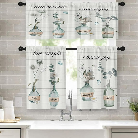 Farmhouse Floral Kitchen Window Curtains Valance and Tier Set 36 Inch, Watercolor Flower Vase Inspirational Quote 3 Piece Window Treatment Tiers Country Wooden Kitchen Decor Drapes