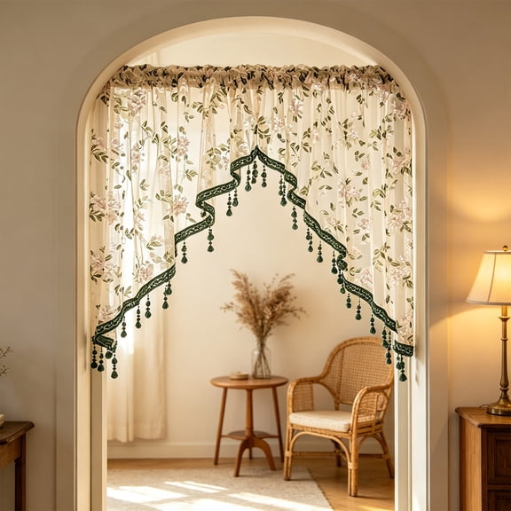 Farmhouse Floral Lace Embroidery Triangular Curtain, No Punching Kitchen Bedroom Partition, Coffee Short Curtain with Pole Pocket