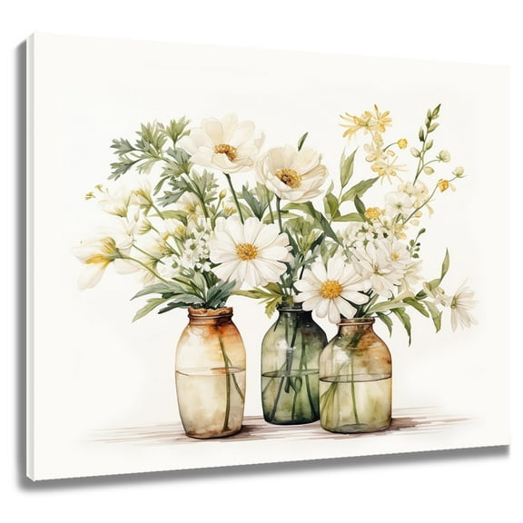 Farmhouse Floral Mason Jar Canvas Wall Art Decor Beige Country Flower Leaves Wall Art Vintage Framed Canvas Wall Art for Bathroom Bedroom Living Room Office Ready to Hang 16"x12"