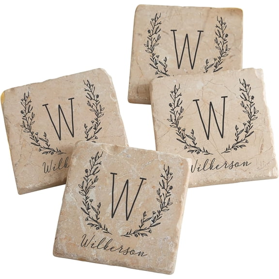 Farmhouse Floral Personalized Tumbled Stone Coaster Set - Custom with Name & Initial, Set of 4 Marble Stone Coasters, Wedding Gifts, Housewarming Gift Ideas, Bar Table Dcor