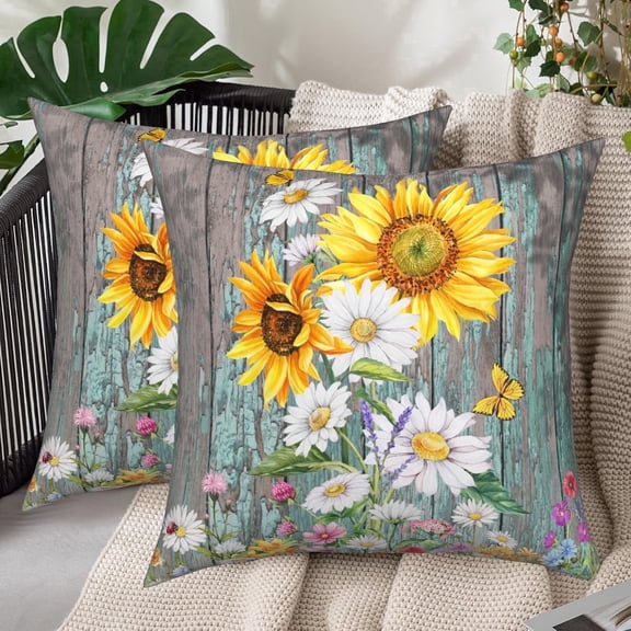 Rustic Sunflower Daisy Throw Pillow Covers 18x18 Set of 2 Double-Sided Farmhouse Weathered Wood Floral Square Cushion Pillowcases for Couch