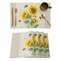 Farmhouse Floral Placemats Set of 12 Sunflowers Bee Vintage Linen Background Heat Insulation Washable Place Mats, Rustic Non-Slip Table Mats for Dining Table Party Kitchen Decor,13x19 Inch