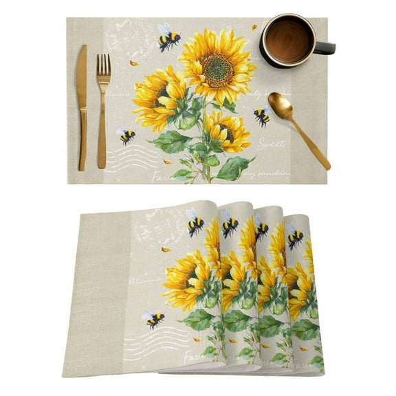 Farmhouse Floral Placemats Set of 12 Sunflowers Bee Vintage Linen Background Heat Insulation Washable Place Mats, Rustic Non-Slip Table Mats for Dining Table Party Kitchen Decor,13x19 Inch