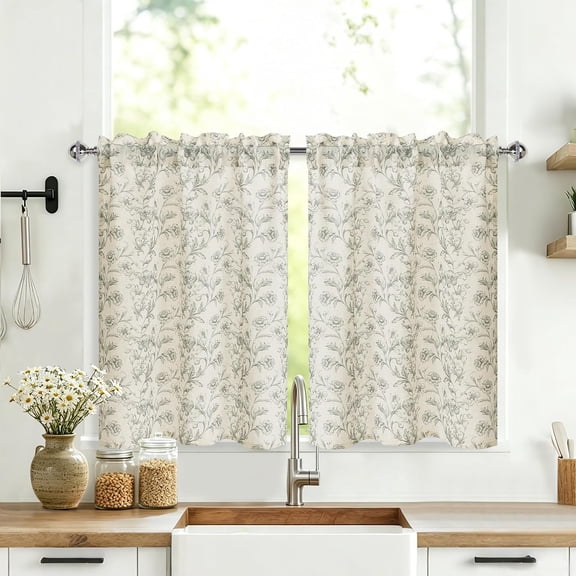 Farmhouse Floral Print Linen Semi Sheer Rod Pocket Tier Curtains for Kitchen Bathroom Cafe Window Decor