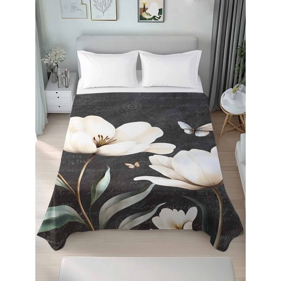 Farmhouse Floral Queen Size Flat Sheet, Wrinkleproof & Fadeproof Cooling Flat Bed Sheet Only, Magnolia Flowers Vintage Blackboard Breathable Soft Bedding Top Sheets 90 x 102 Inches