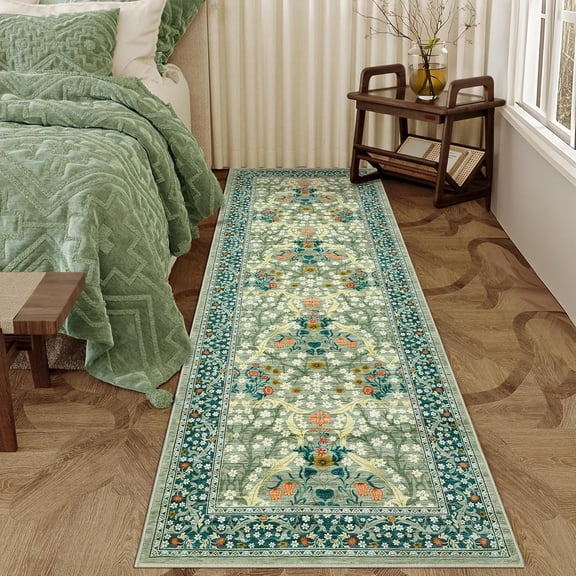 Farmhouse Floral Runner Rug 2x6 Machine Washable Entryway Runner Non Slip Non Shedding Hallway Rug, Low Pile Thin Carpet, Soft Non Shedding Printed Floor Covering for Kitchen Stairs, Green
