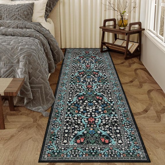 Farmhouse Floral Runner Rug 2x6 Machine Washable Entryway Runner Non Slip Non Shedding Hallway Rug, Low Pile Thin Carpet, Soft Non Shedding Printed Floor Covering for Kitchen Stairs, Black