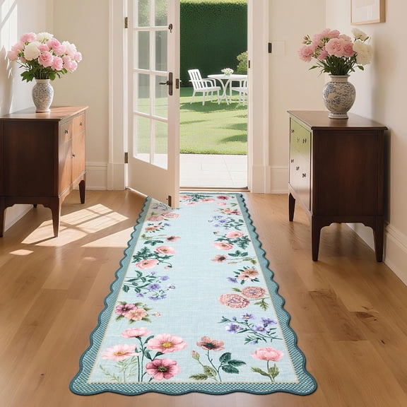 Farmhouse Floral Runner Rug 2x6 Washable Entryway Runner Non Slip, Scalloped Hallway Rug, Low Pile Thin Foldable Kitchen Mats, Soft Non Shedding Indoor Carpet for Bedside Laundry, Blue