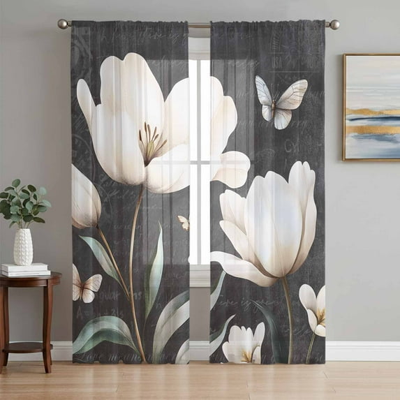 Farmhouse Floral Semi Sheer Window Curtains 84 Inches Long, Magnolia Flowers Vintage Blackboard Rod Pocket Voile Silky Chiffon Curtain Light Filtering Drapes for Living Room, 52"x84", 2 Panels