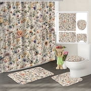 Farmhouse Floral Shower Curtain for Bathroom,Rustic Boho Wildflower and Beige Botanical Fabric 4 Pcs Shower Curtain with Hooks,Spring Country Theme Bathroom Curtains Shower