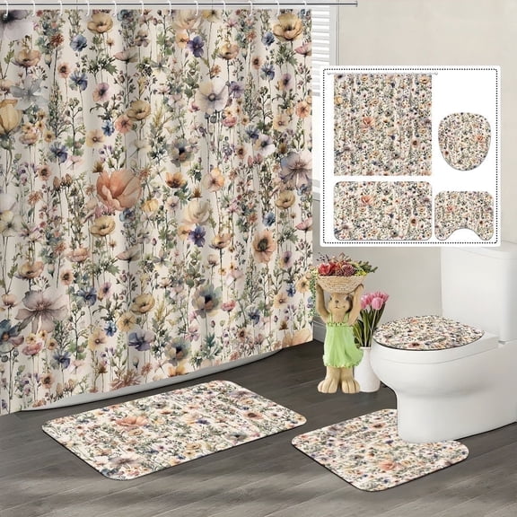 Farmhouse Floral Shower Curtain for Bathroom,Rustic Boho Wildflower and Beige Botanical Fabric 4 Pcs Shower Curtain with Hooks,Spring Country Theme Bathroom Curtains Shower