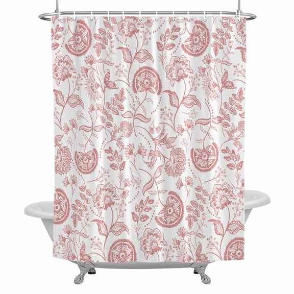 Farmhouse Floral Shower Curtain for Bathroom, Coral Red Pastoral Botanical Country Rustic Waterproof Cloth Fabric Bathroom Accessories Set with 12 Rust Proof Plastic Hooks, 60"x72"