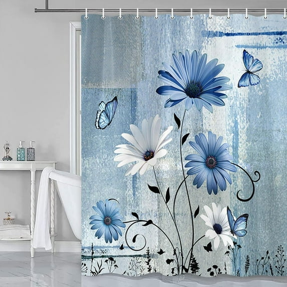 Farmhouse Floral Shower Curtain for Bathroom, Daisy Flowers Butterfly Vintage Blue Farm Style Shower Curtain Set, Polyester Fabric Farmhouse Bathroom Curtain Set with Hooks