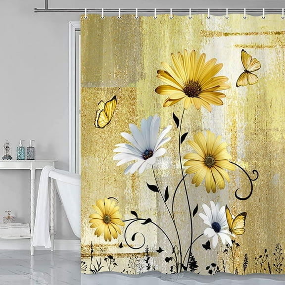 Farmhouse Floral Shower Curtain for Bathroom, Daisy Flowers Butterfly Vintage Yellow Farm Style Shower Curtain Set, Polyester Fabric Farmhouse Bathroom Curtain Set with Hooks